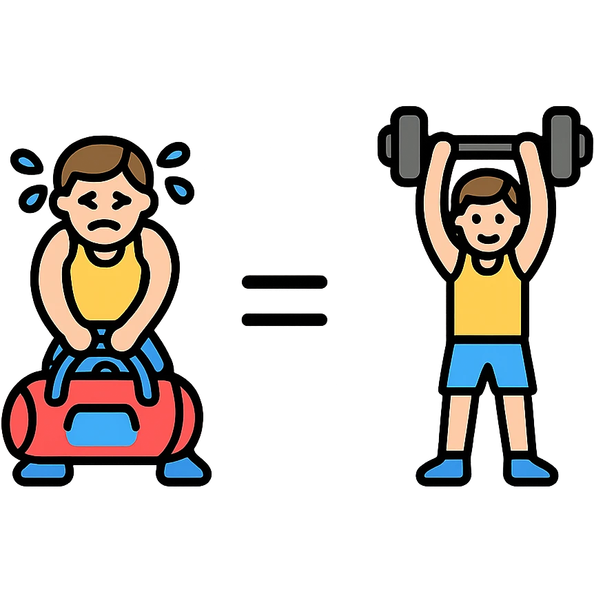 The picture is devided into two parts  the firts picture shows asportsman is struggling to lift a gymbag, the second one show the same sportsman doing a workout. There's sybmol equal between these pictures emoji