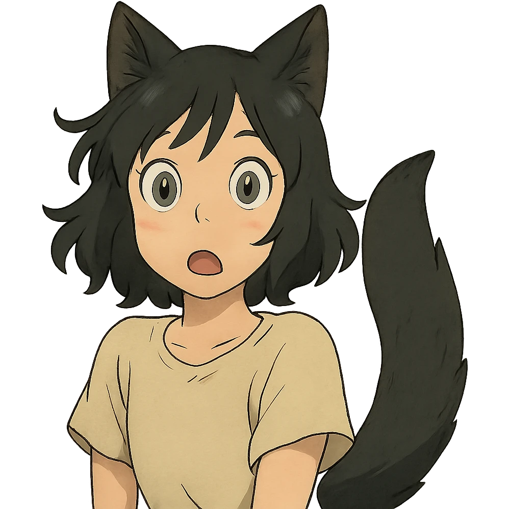 a surprised girl with huge green eyes, black fox ears, and a tail, dark hair emoji