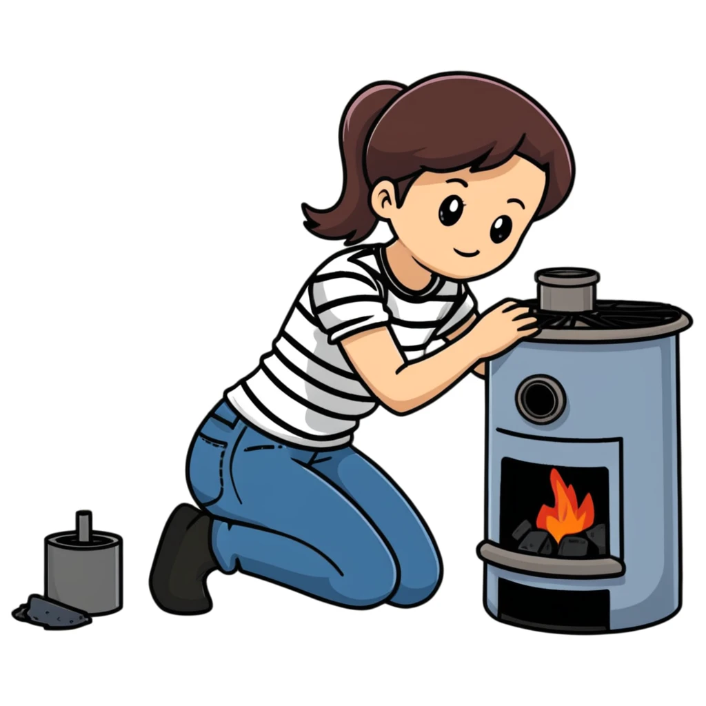 Metal cylindrical coal stove with a girl cleaning it while kneeling, seen from behind, wearing jeans and a striped shirt emoji