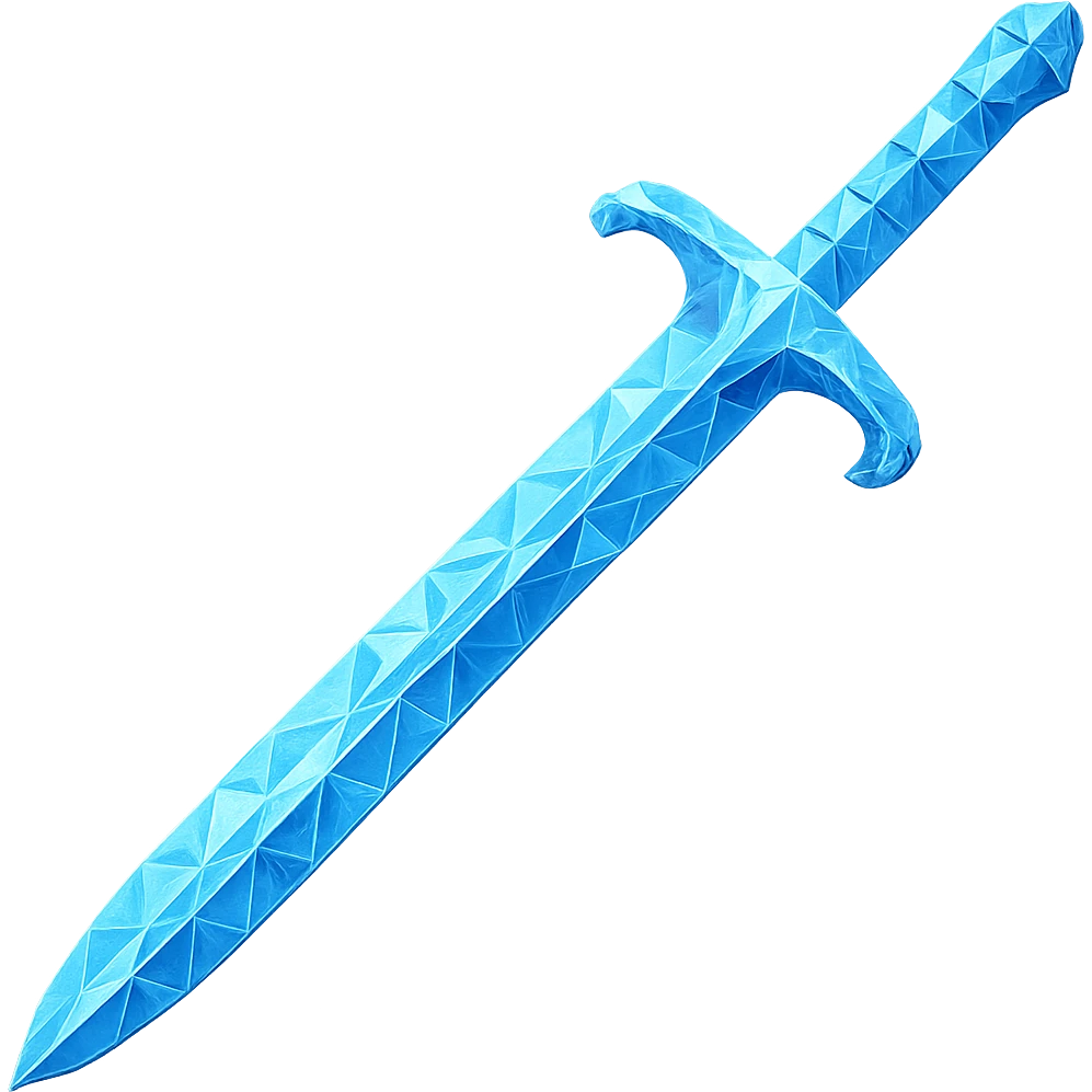 Transform the 2h sword into a diamond version, matching the color, faceted texture, and shine of the diamond chestplate reference. Keep the exact shape and proportions of the original 2h sword. Transparent background. The style should reflect a diamond faceted look with shine and clarity. emoji