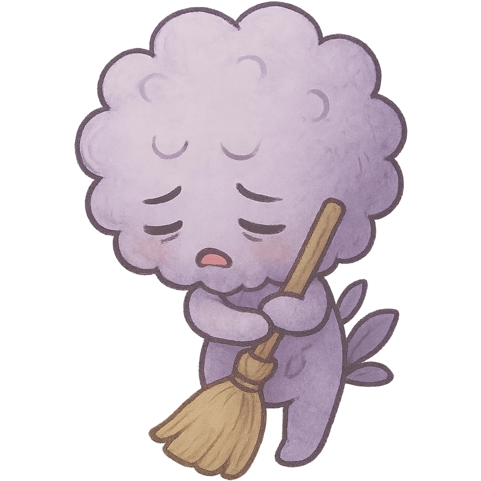 chibi fluffy lavender flower, gentle purple, hugging a small broom, looking very tired, full-body emoji