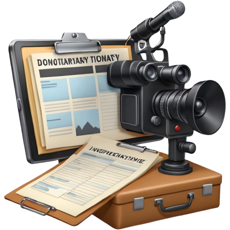 Icon for Documentary Film: A TV show-style design with a large screen displaying a documentary scene. Include papers, a clipboard, and files scattered around, along with a microphone and camera. The design should evoke a news or investigative TV program vibe. Transparent background. emoji