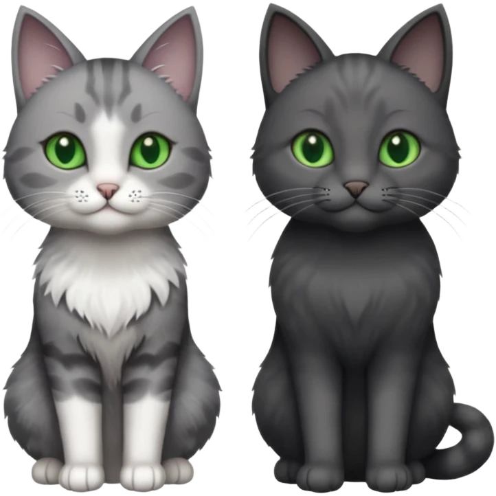 2 different coloured grey cats including one dark grey and white cat and one completely solid dark grey cat with green eyes and only white paws emoji