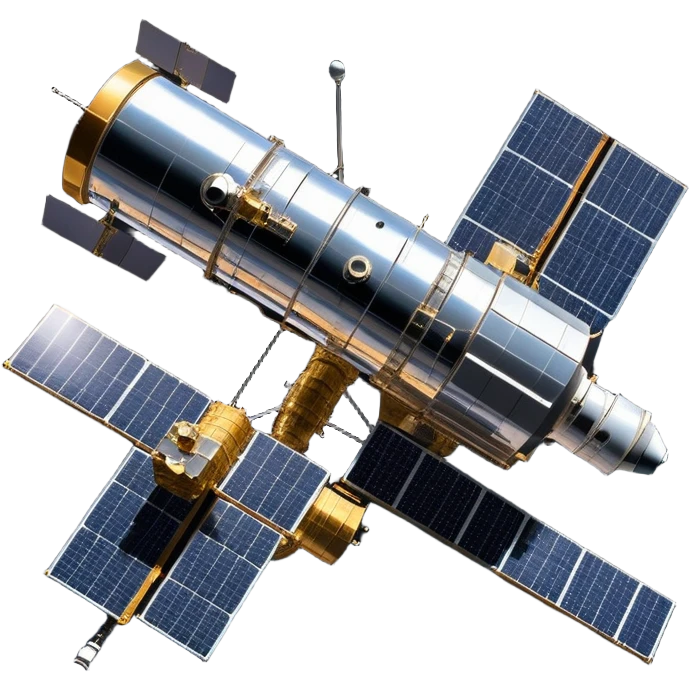 cinematic-realistic-hubble-space-telescope-emoji, an awe-inspiring, ultra-detailed depiction of the Hubble Space Telescope floating in space, its large, reflective metallic surface gleaming against the backdrop of the infinite blackness. The telescope's vast solar panels extend outwards, catching the light from distant stars, while its intricate, cylindrical body showcases advanced, precise engineering. The telescope's large, hexagonal lens is pointed towards the cosmos, surrounded by mechanical components, wires, and sensors. The detailed textures of the telescope’s metallic exterior, the shiny reflective coating, and the intricate grid-like solar panels are sharply contrasted against the void of space, with distant stars and nebulae faintly visible in the background, adding to the sense of scale and technological marvel; rendered with extreme realism and attention to detail. emoji