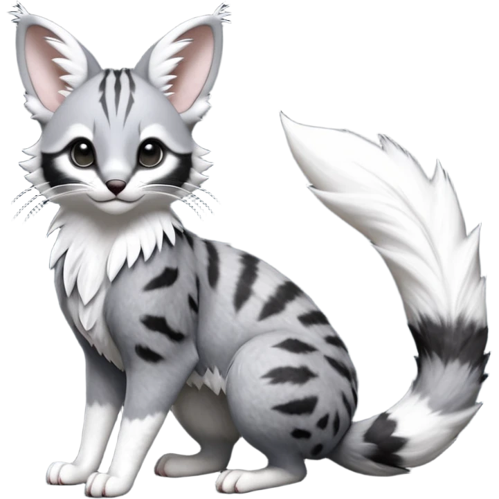 stormcell charcoal fur crackling with silver frost-veins and ghost-dust sheen Hyper-realistic beautiful elegant pretty precious cute  Fakémon-Pokémon-opossum-feline-serval-caracal-chinchilla-Furret-Minccino-hybrid-creature with a big fluffy bushy tail (full body) emoji