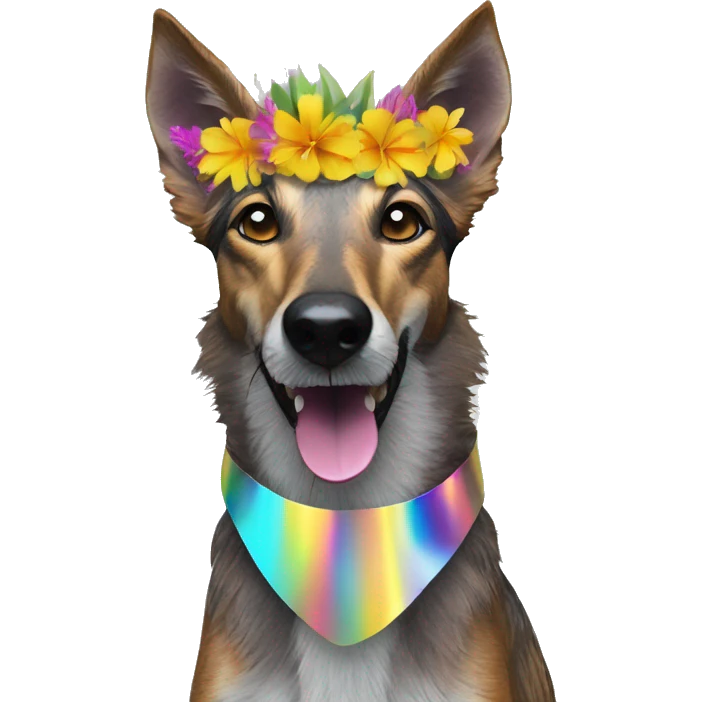  brindle brown black maroon striped lurcher Alsatian fox running blue eyes and iridescent holographic oilslick harness wearing paper iridescent tropical flower crown yellow caution tape emoji