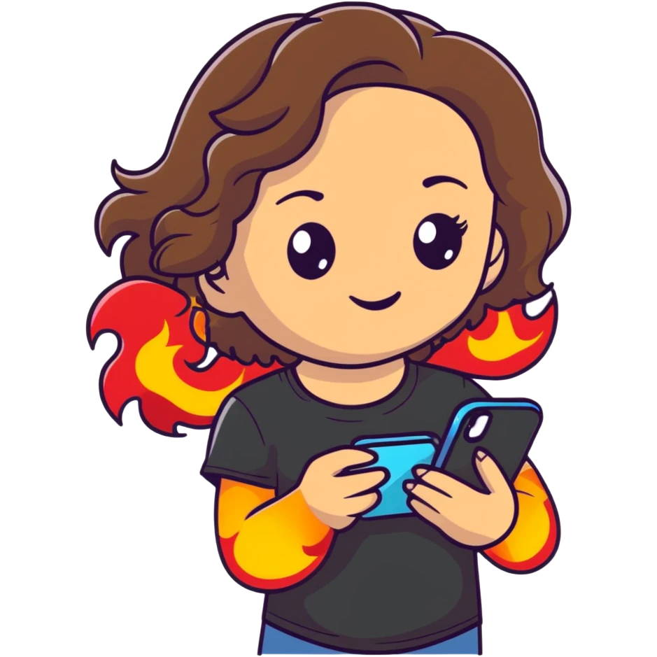 brunette girl with wavy medium length hair, brown eyes, light/medium skin tone, holding iPhone and light phone, wearing black tee shirt with flames on it and colorful beaded charm necklace emoji
