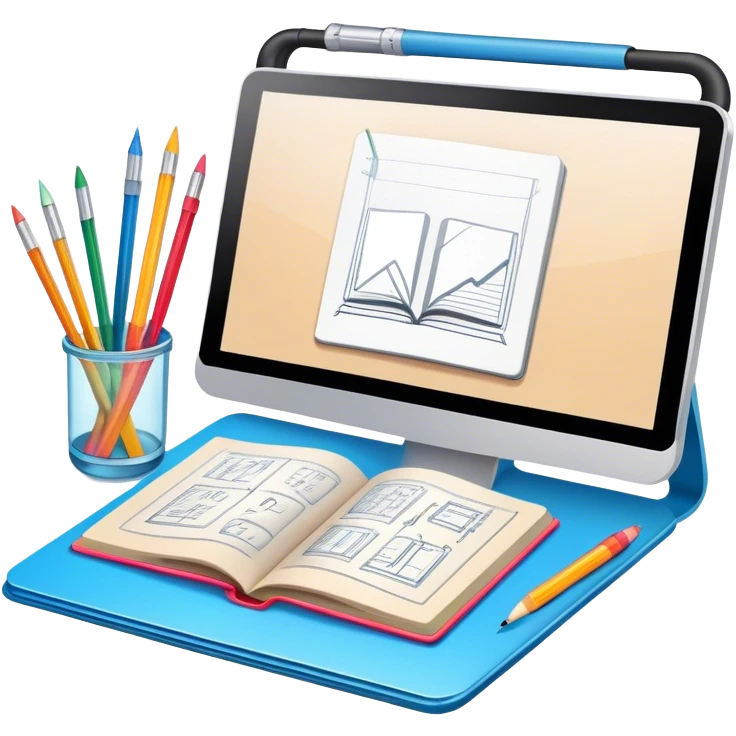 Colourfull Illustration icon, pencil, paintbrush, gel pen, graphic tablet or monitor with digital illustration, open book with sketches, minimalistic style, clean lines, transparent background. emoji
