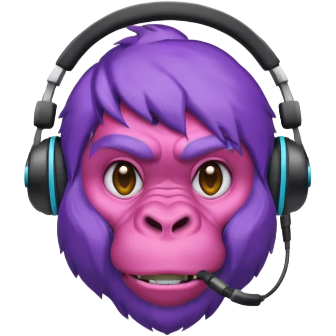 purple haired gorilla head with headset, apple style emoji, no text, facing slightly left emoji