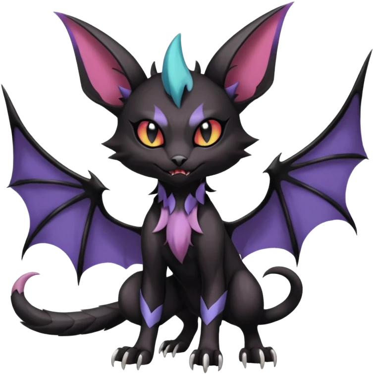 dark spooky badass cool shiny glossy smooth soft Black edgy Noivern-Noibat-Purloin-Torracat-Lykoi-Caracal-cat-Fakemon-fusion-hybrid-creature with bat wings on head as ears, big fangs, gothic markings emoji
