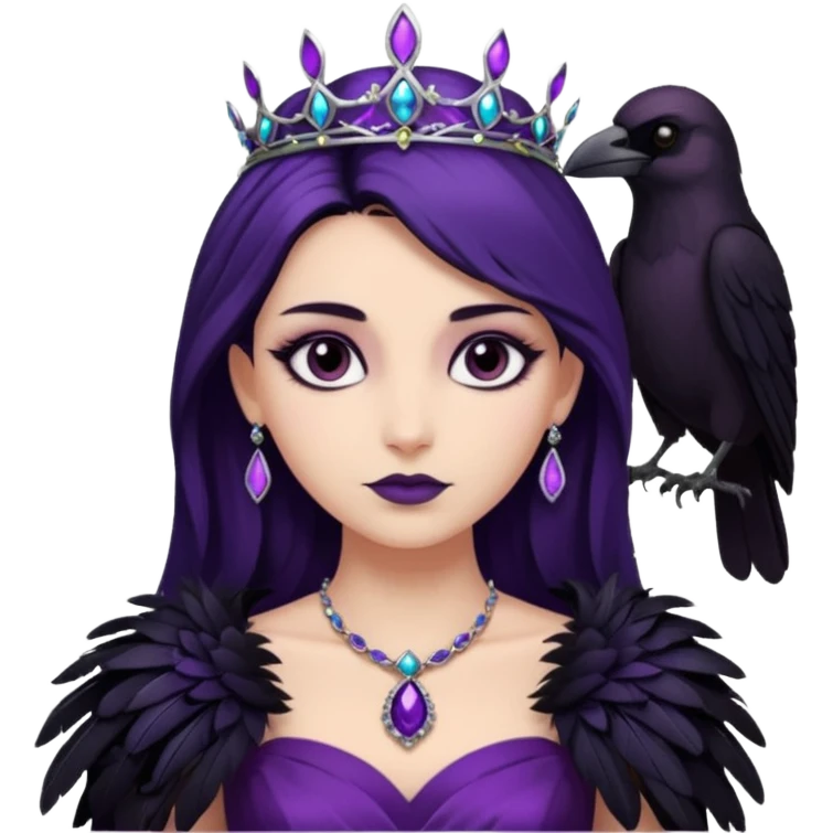 Raven Princess – feather brooch + plum gown emoji
