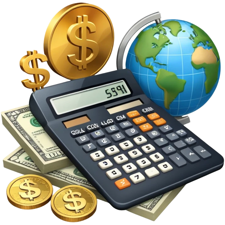 An icon featuring a calculator, a dollar sign, and a chart with upward trends, symbolizing economics. The design includes coins, bills, and a globe, representing global trade and financial systems. Transparent background highlights the study of markets, supply, and demand. emoji
