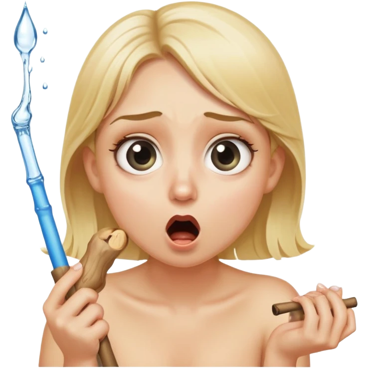 blond woman sitting on her knees with wide eyes, holding a wide skin-colored stick with a D-shaped knob, the stick has skin texture, water squirting from the knob into her mouth, shocked face emoji