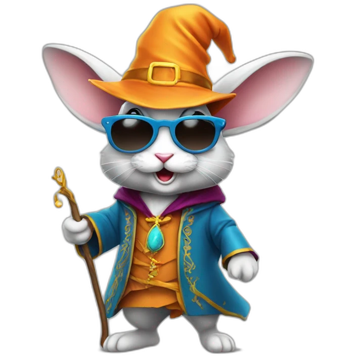 crazy rabbit in sunglasses and wizard outfit and hat, full body emoji