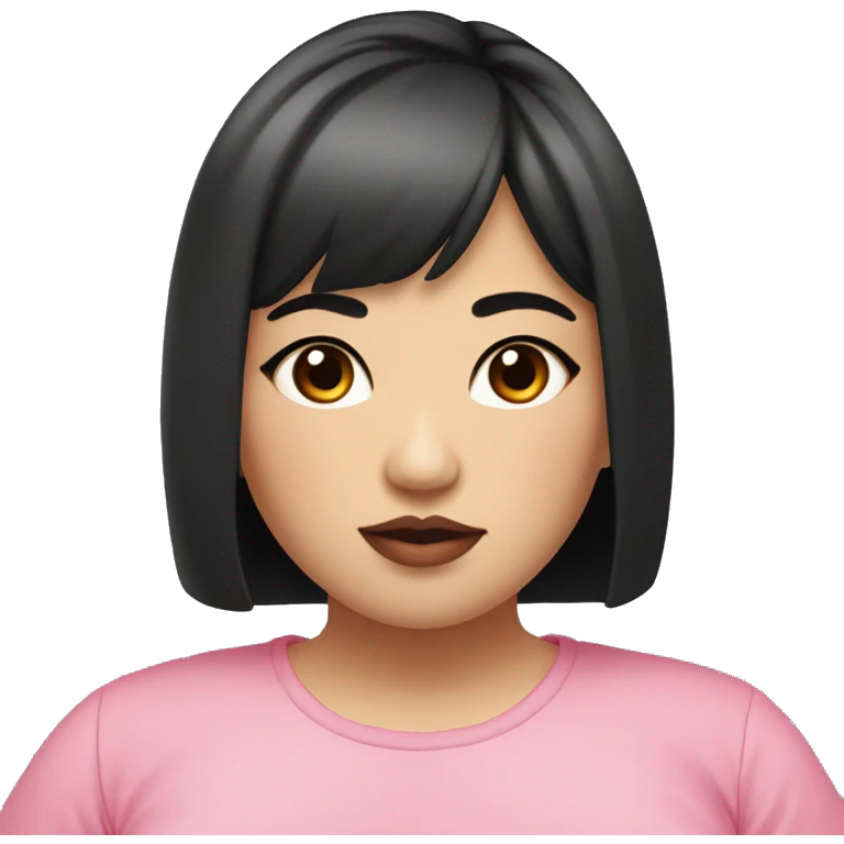Short hair, Asian women, dark eyes, and thick lips. The body is chubby, the lips are pink, the pupils are black, the bangs are straight, young, and the clothes are street fashion emoji