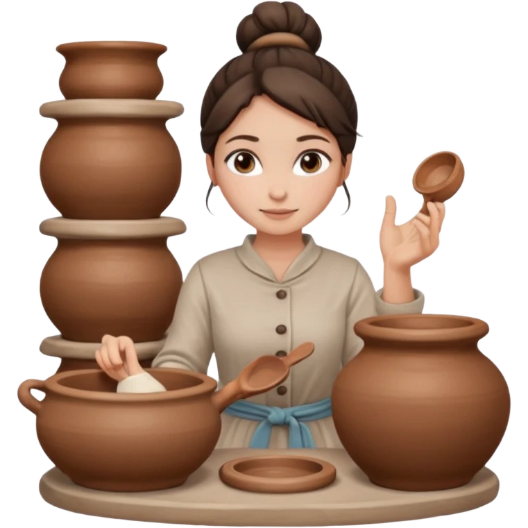 Brunette girl with a bun, behind the potter's wheel, wearing neutral clothing emoji