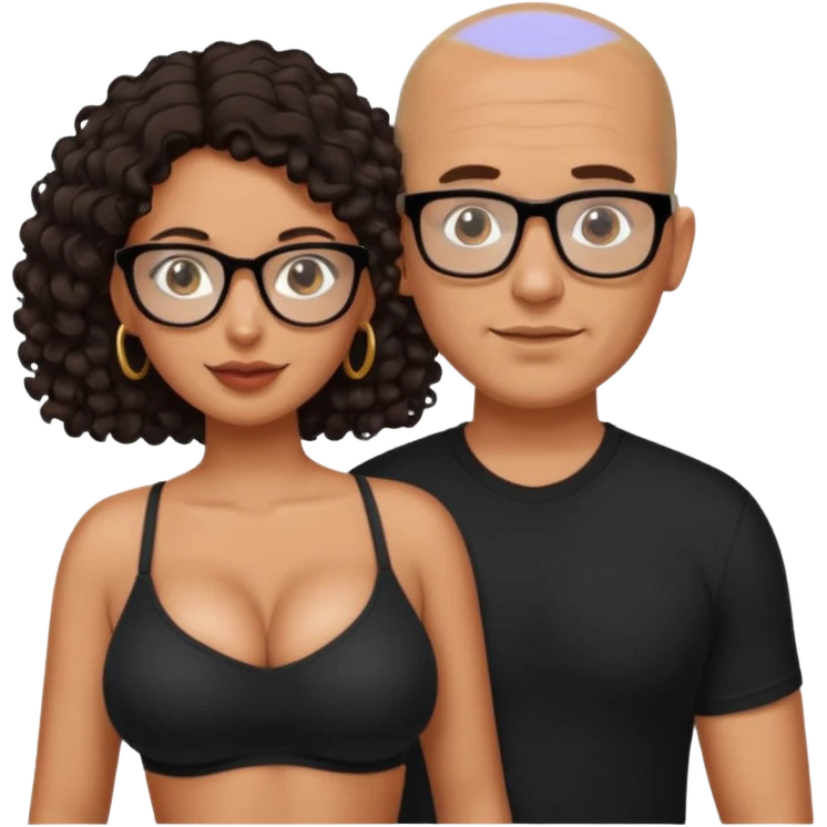 A picture of a sexy tanned couple. the man is Mexican, with a bald hair cut and a black shirt. the woman is mixed, she has curly longer dark brown hair,  she has glasses only, and with big boobs and no shirt or bra. emoji