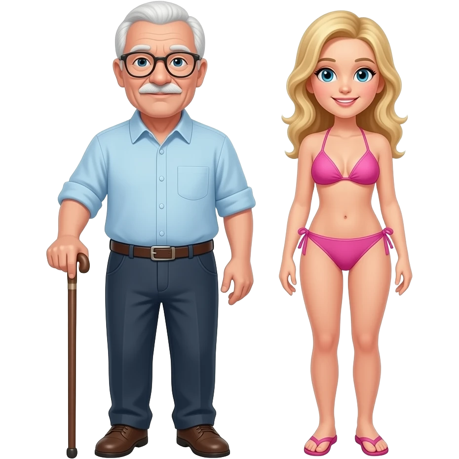 Old, elderly man with glasses and cane with young blonde girlfriend in pink bikini emoji