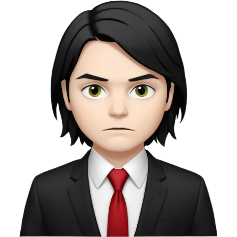 🎨 Classic Emoji — Gerard Way (Revenge Era)
Round, simplified emoji style
Pale skin tone
Jet-black, shoulder-length hair
Heavy eyeliner and slight red shadow under the eyes
Subtle serious / melancholic expression
Hint of red tie visible on black suit
Transparent background emoji