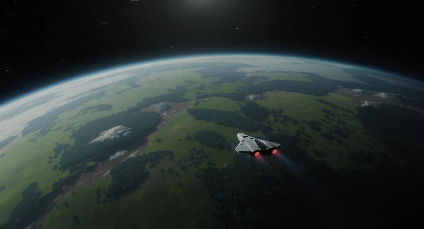 cinematic still, motion blur shutter speed, establishing shot, shot from top, entire globe green planet, single starship coming to planet, inspired by StarWars movie, captured by arri alexa  emoji