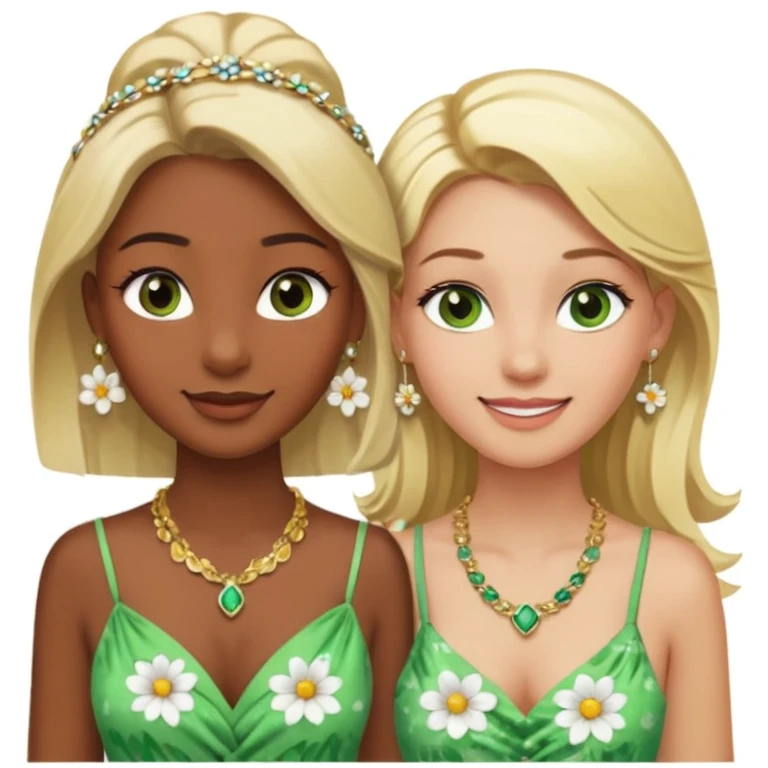 There will be two young women. One with dark brown skin, brown eyes, blonde hair, wearing a lot of necklaces and earrings. The other woman with green eyes, white skin, blonde hair, wearing a necklace and earrings, both wearing flowery dresses. emoji