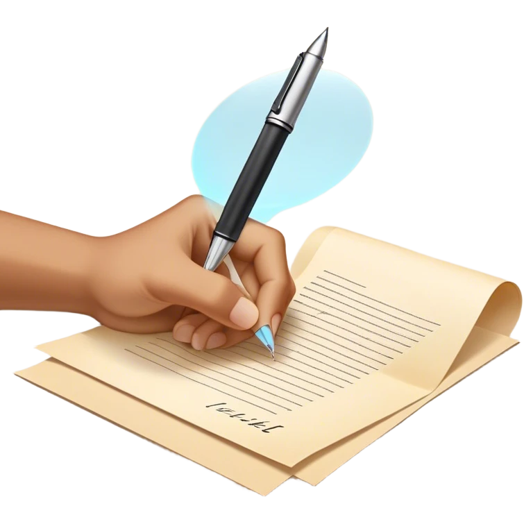 A future self, slightly translucent and glowing, reaches out from a paper, extending a pen toward the present self. The gesture is firm yet encouraging, symbolizing the act of breaking free from procrastination and taking control. The paper represents the unfinished task, and the glowing exchange  emoji