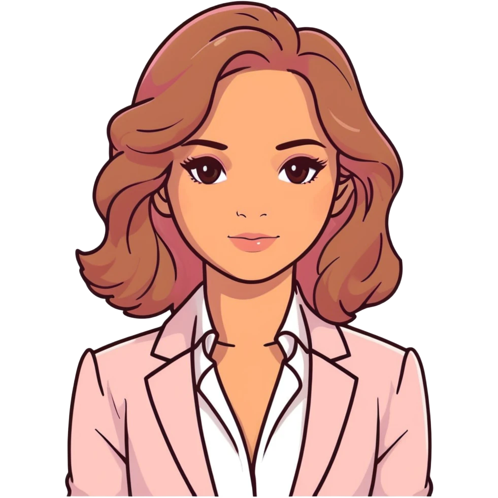 A 30-year-old woman with tanned skin, light brown long wavy hair, delicate face, almond-shaped eyes with smoky foxy eye makeup, brown eyes, wearing a light pink blazer and white satin cowl neck blouse with thin straps emoji