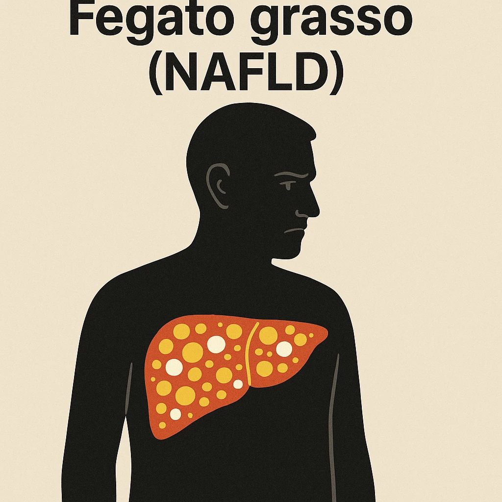 symbolic scene with silhouette of a person showing liver highlighted in transparency with yellow and white areas indicating fat, serious expression, neutral background, Italian text 'Fegato grasso (NAFLD)', 4K quality emoji