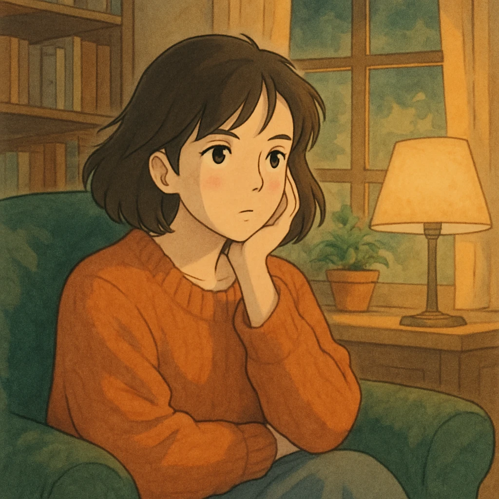 ghibli style illustration of a woman with thoughtful expression, cozy at home, soft lighting, main character energy emoji