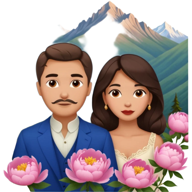Couple traveling in Montenegro russian man and elegant  Latina girl delicate peonies and mountains in the background  emoji