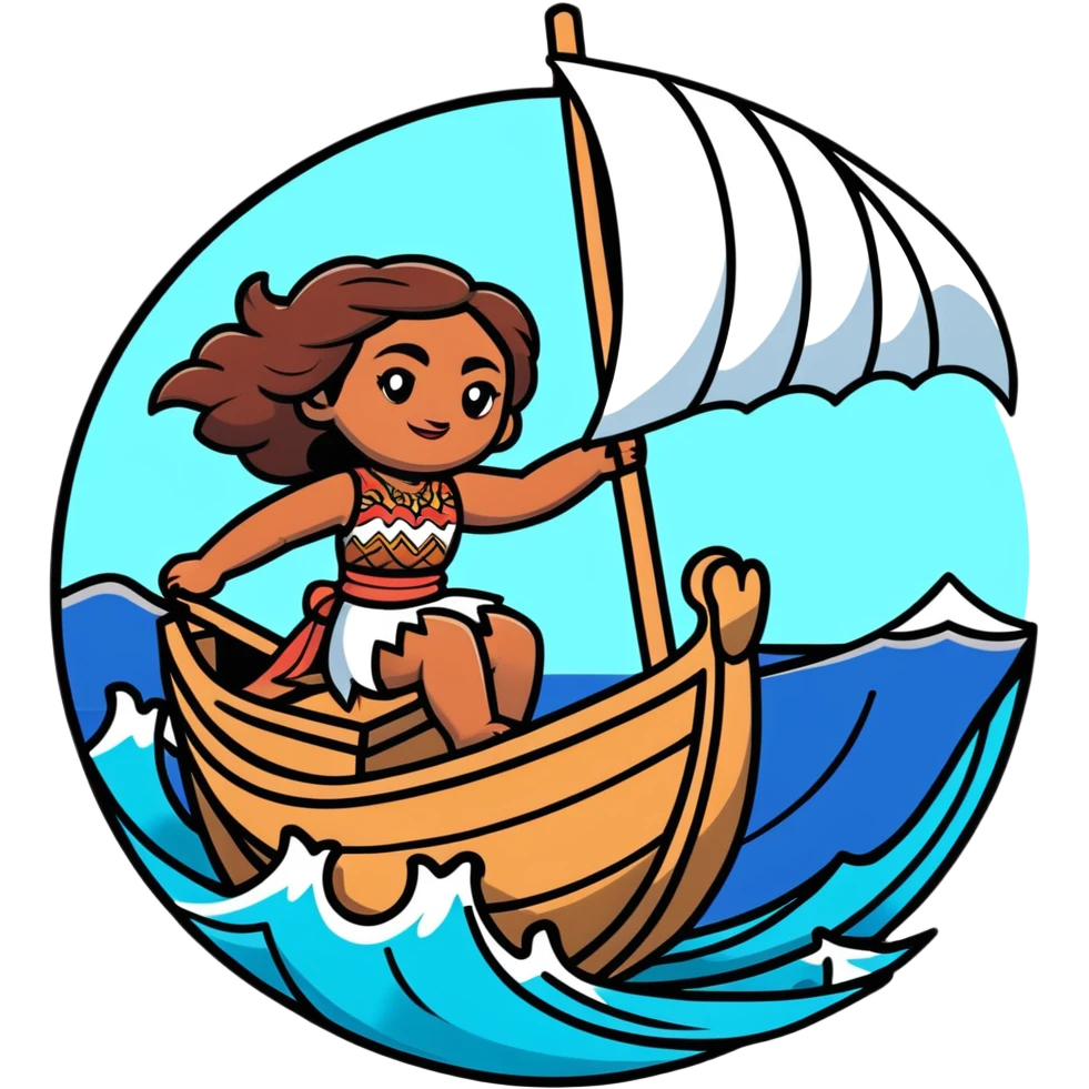 Moana sailing on her boat with ocean waves emoji