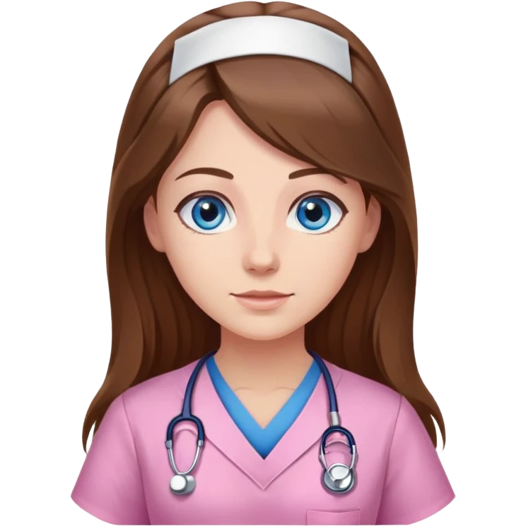 Nurse with long brown hair and blue eyes, pink tunic emoji