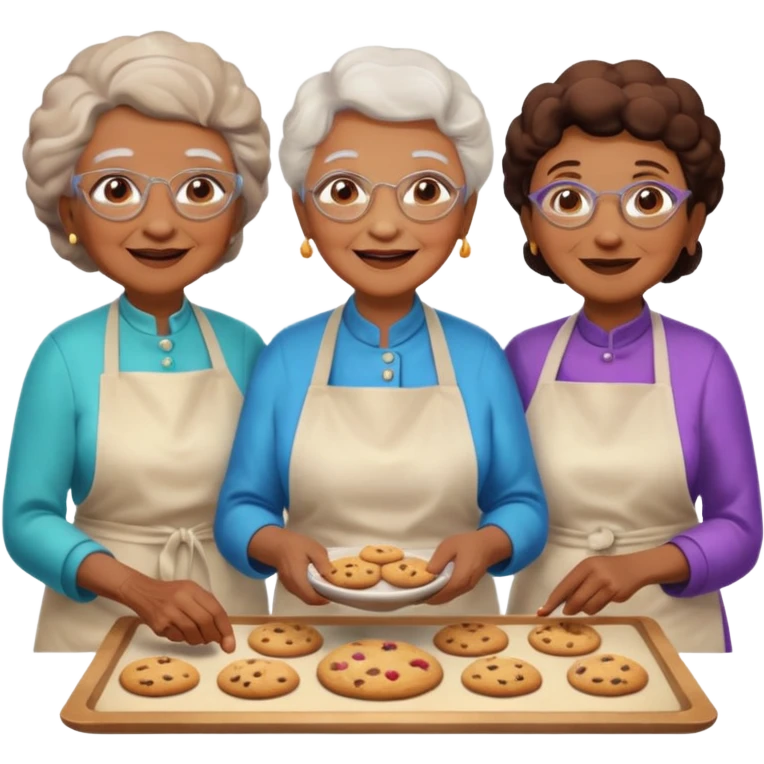 Portrait of multiple grandmas from different dimensions baking cookies together, overlapping realities, epic glowing aura, surreal cosmic kitchen, emoji-style emoji