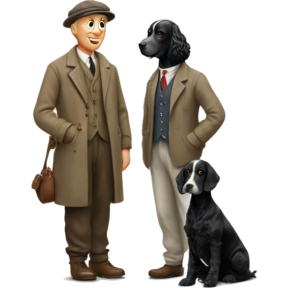 Countryside dressed man in a flat cap with a black cocker spaniel and a springer spaniel  looking up at him. Man must have white hair but not look old. 50's emoji