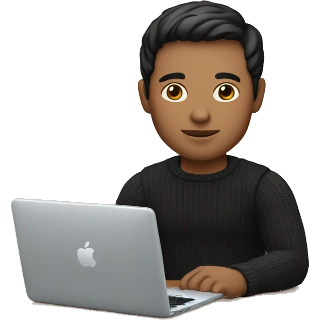 memoji of a man with a laptop in front, apple-style,modern,fair skin,black hair,black sweater,computer in hand,sitting on his desk emoji