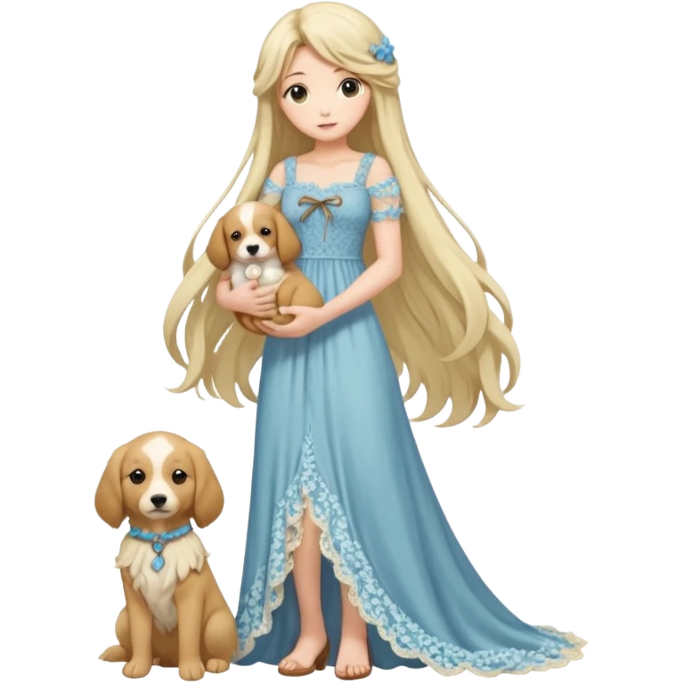 Pastel anime lady long hair with long lace dress full body holding puppy emoji