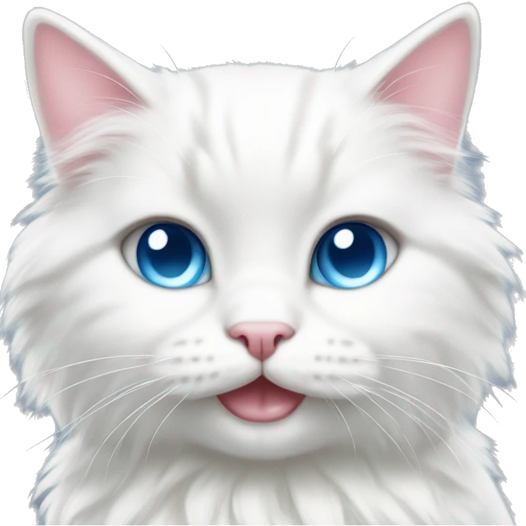 A happy cute fluffy white cat with blue eyes and a light pink bow  emoji