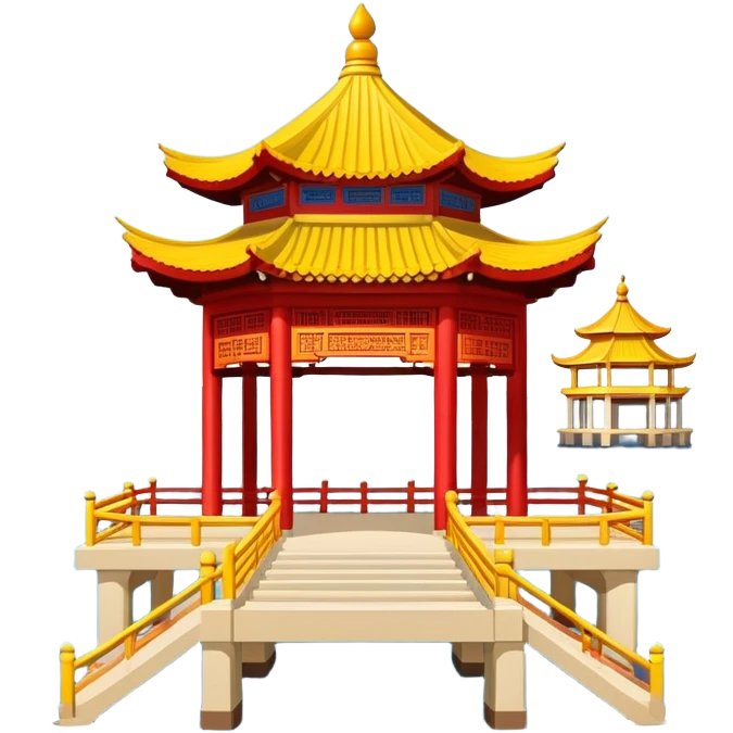 Qingdao Zhanqiao Pier with pavilion over sea, simplified emoji style with bold outlines and bright colors, cartoon style traditional Chinese pavilion on pier emoji