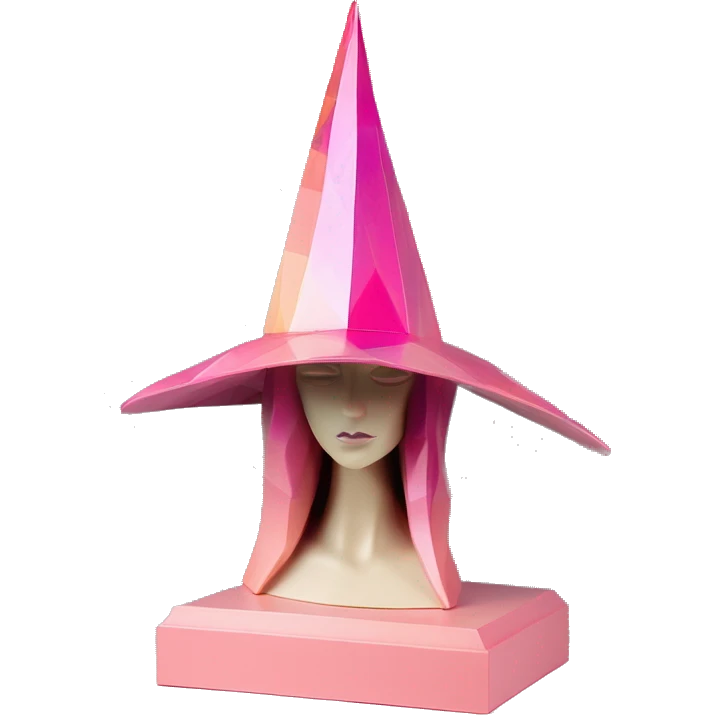 standalone sculpture witch hat is geometric, faceted design, on a hat display. The sculpture is angular and Alphonse Mucha style. The vibrant midtone tints of pastels and pink highlights the sharp edges and planes.  emoji