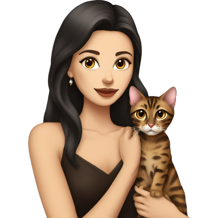 Beautiful skinny woman long dark brown hair in dark dress with earrings hug bengal cat emoji