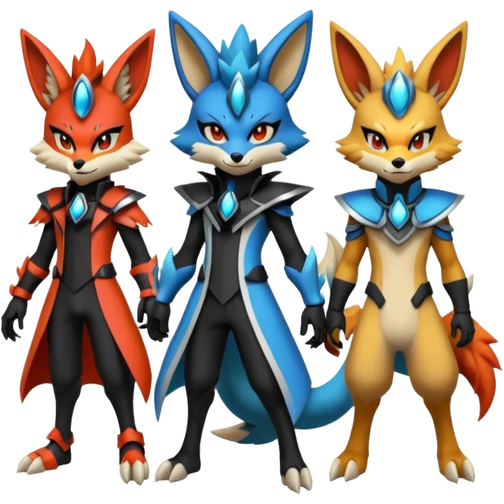 Futuristic modern colorful gothic cyber-Delphox-Zeraora-Lucario-fusion emoji