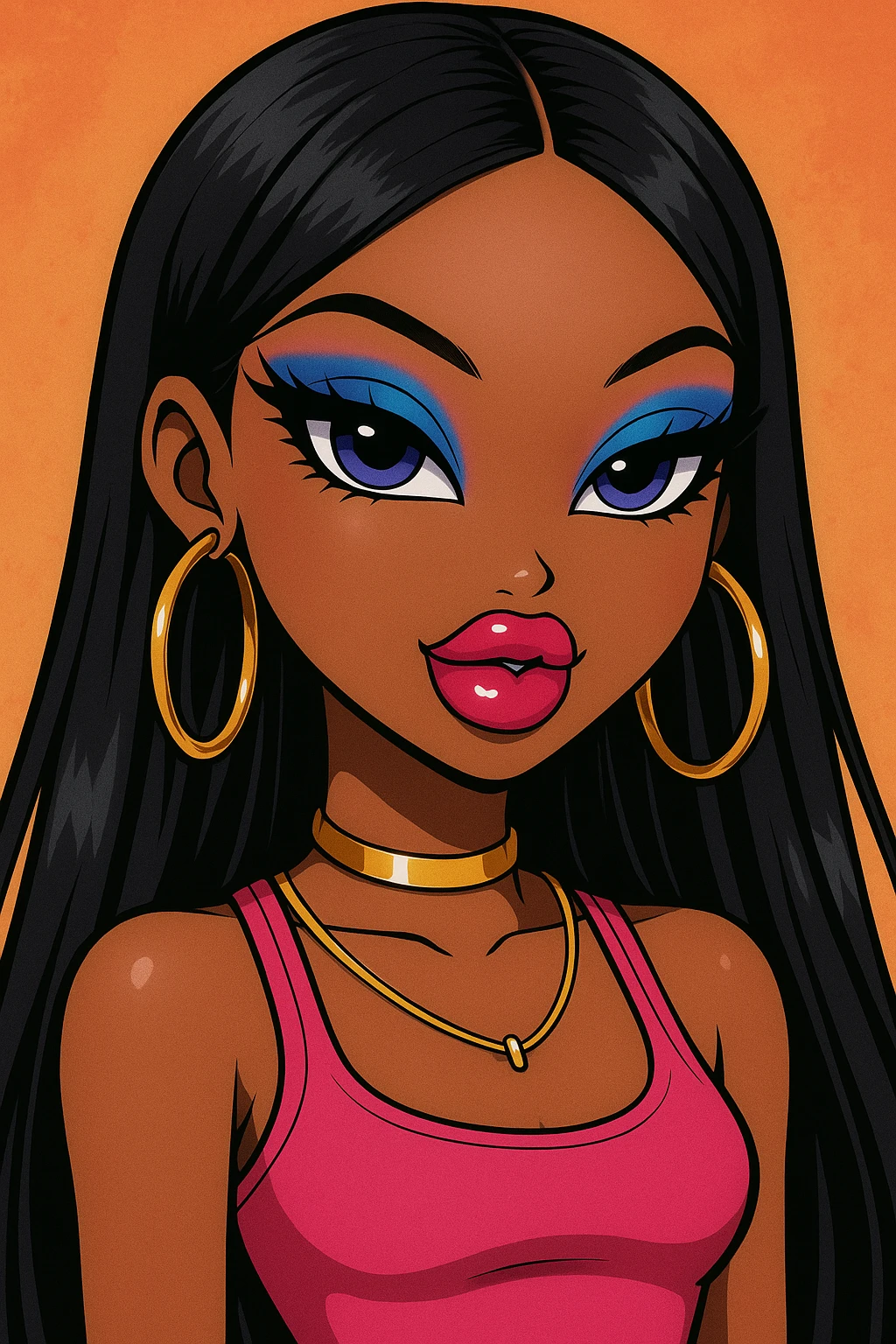 Create a headshot only of a 20-year-old anime Bratz style woman with dark skin, straight hair, and trendy fashion. The style should be in the GPT Image style, focusing on detailed and vibrant anime aesthetics with a modern fashionable look. emoji