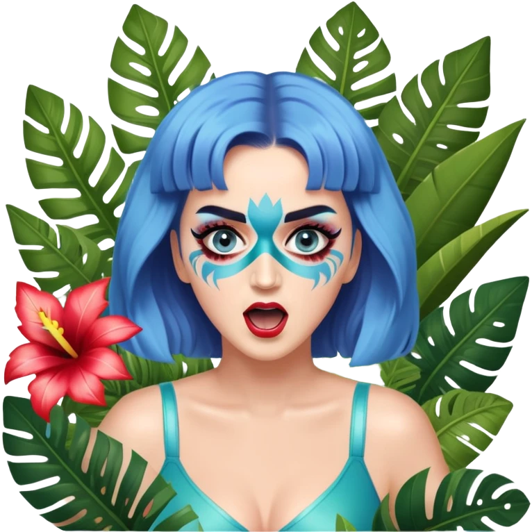 Katy Perry with face paint, roaring pose, surrounded by tropical plants, 'Roar' music video emoji