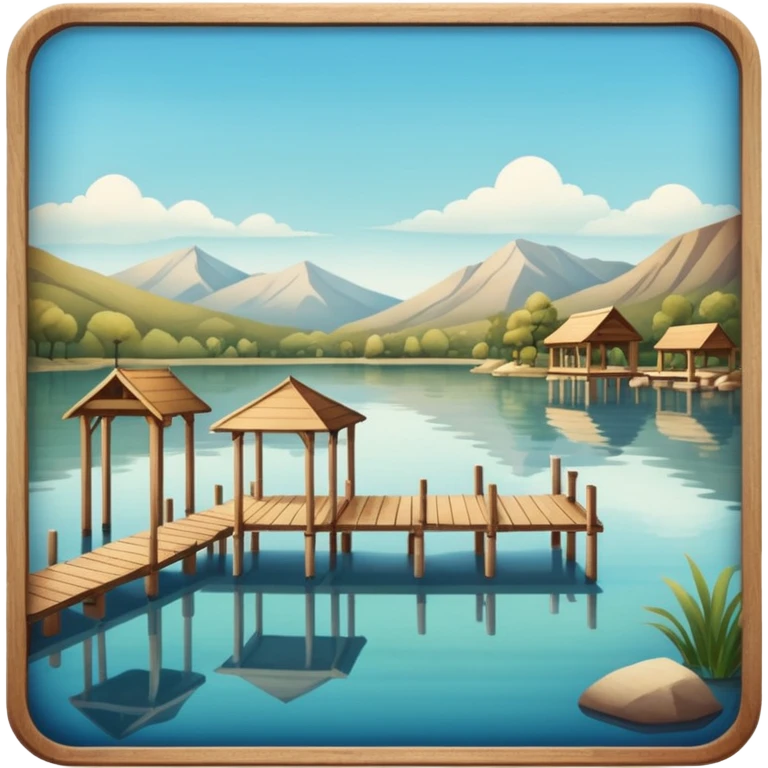 Polaroid photo showing a lake, no mountains, gazebos near the lake emoji