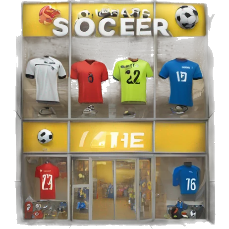 “Soccer store exterior with bold signage, large windows showcasing football gear, jerseys, and accessories, and a dynamic, athletic design reflecting the energy of the sport.” emoji