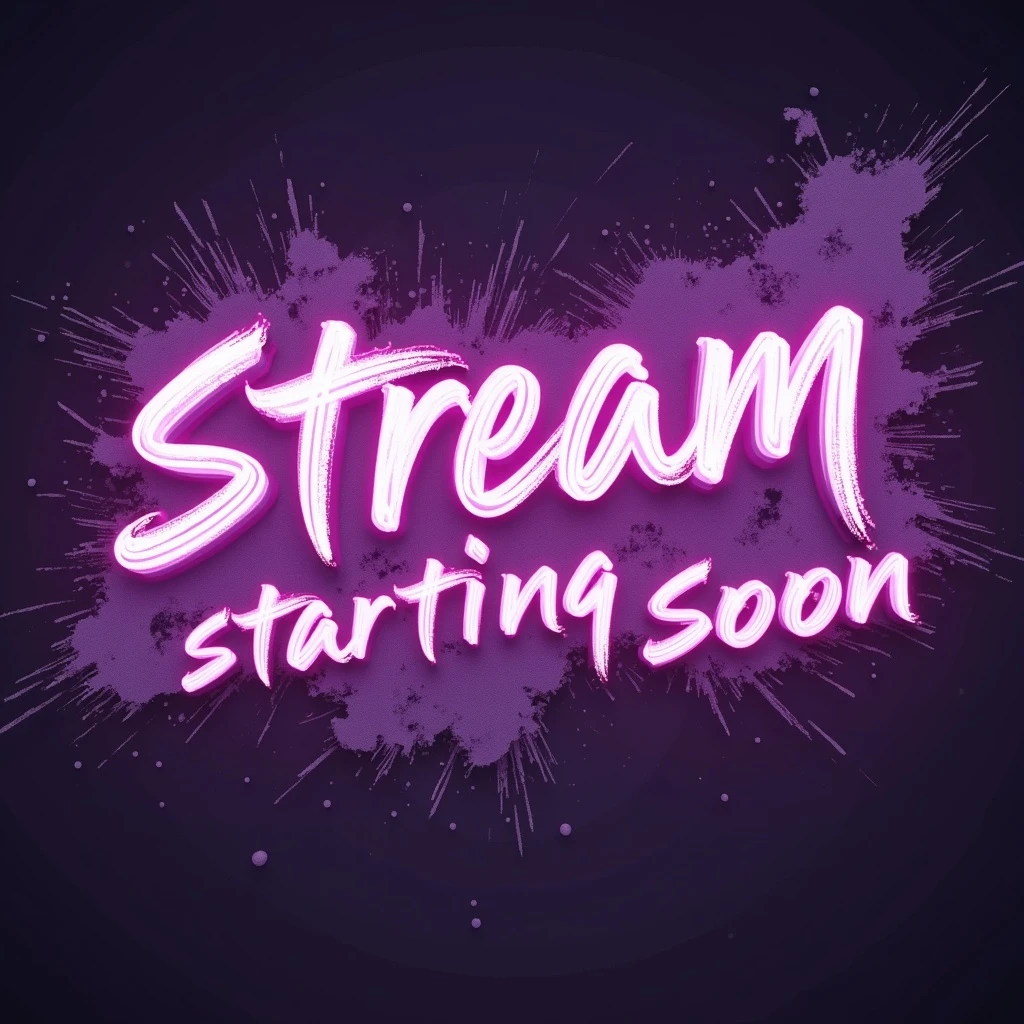 "stream starting soon" cyberpunk style text splash overlay lavender emoji