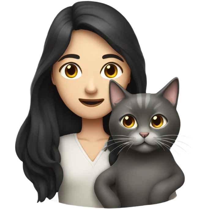 man with very long dark hair and brunette girl with grey cat in her arms emoji
