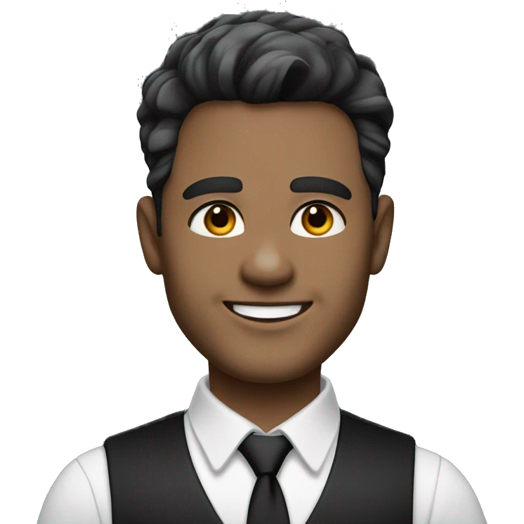 Portrait of an adult smiling man, light skin, bold black-gray ombre hair, black eyes, wearing a black office suit and a white collared shirt underneath. emoji