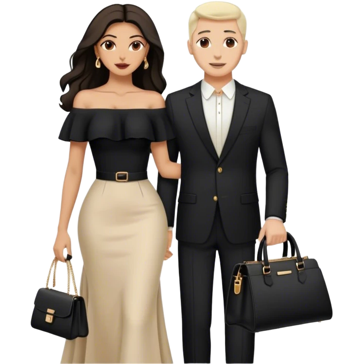 the Lebanese white skinned man dressed in all black, and the Palestinian woman in an elegant off-shoulder cream-colored outfit with a matching handbag. emoji