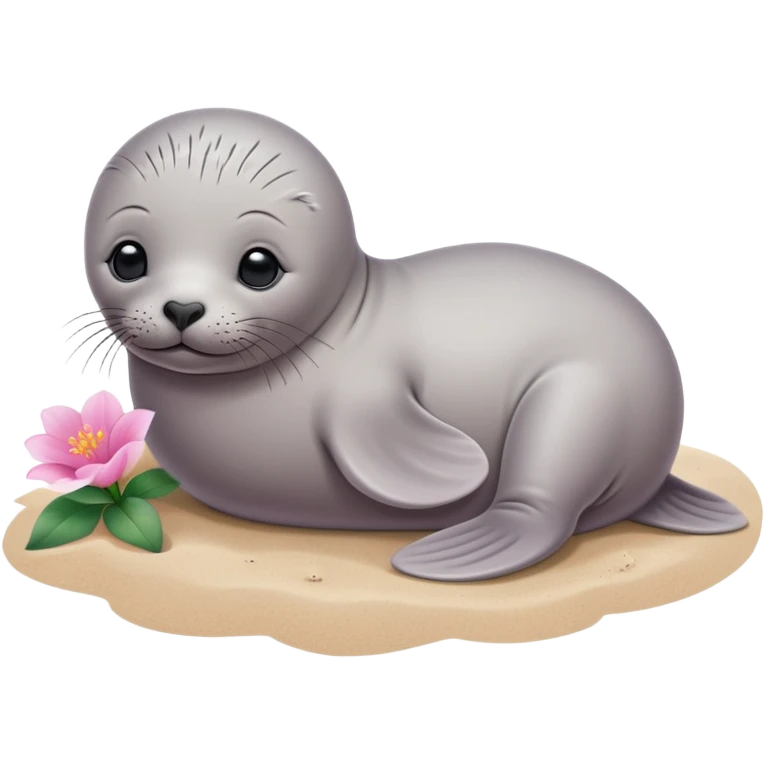 A small, slim baby seal resting gracefully on a sandy beach, with a delicate pink flower placed on its head.  Grey color emoji